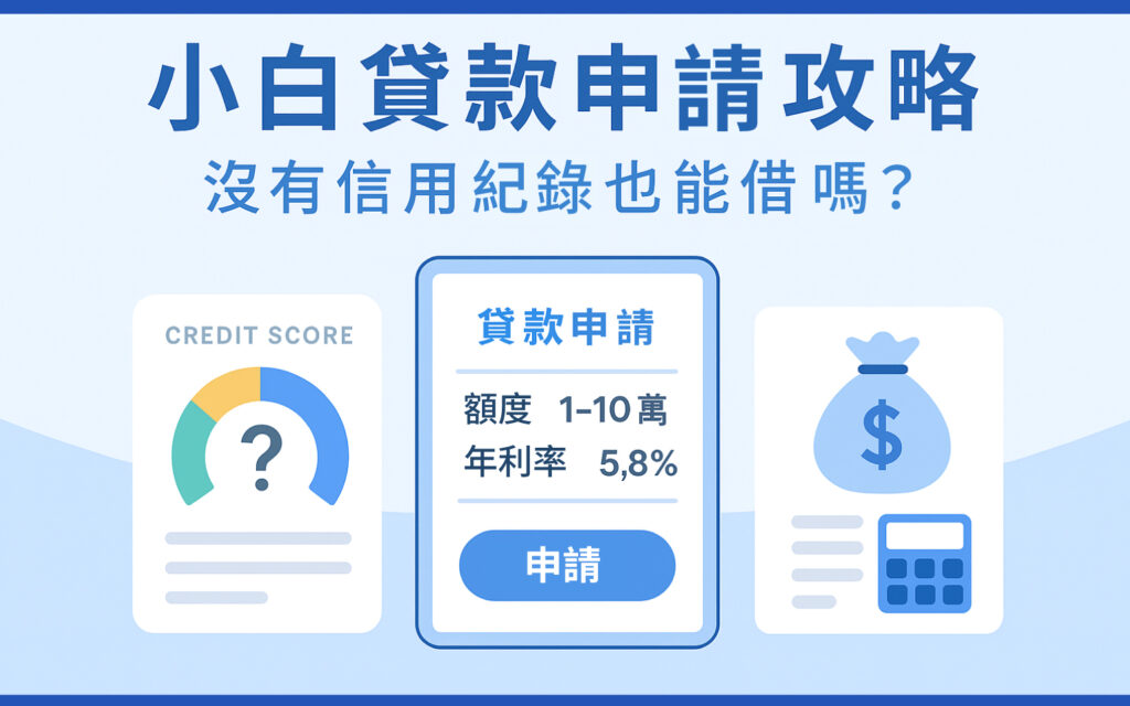 小白貸款申請攻略封面圖，說明沒有信用紀錄是否能貸款，包含信用評分圖示、線上貸款申請介面與試算相關金融圖標